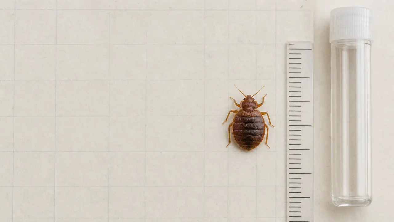 An adult bed bug specimen beside a millimetre scale and a clear vial.